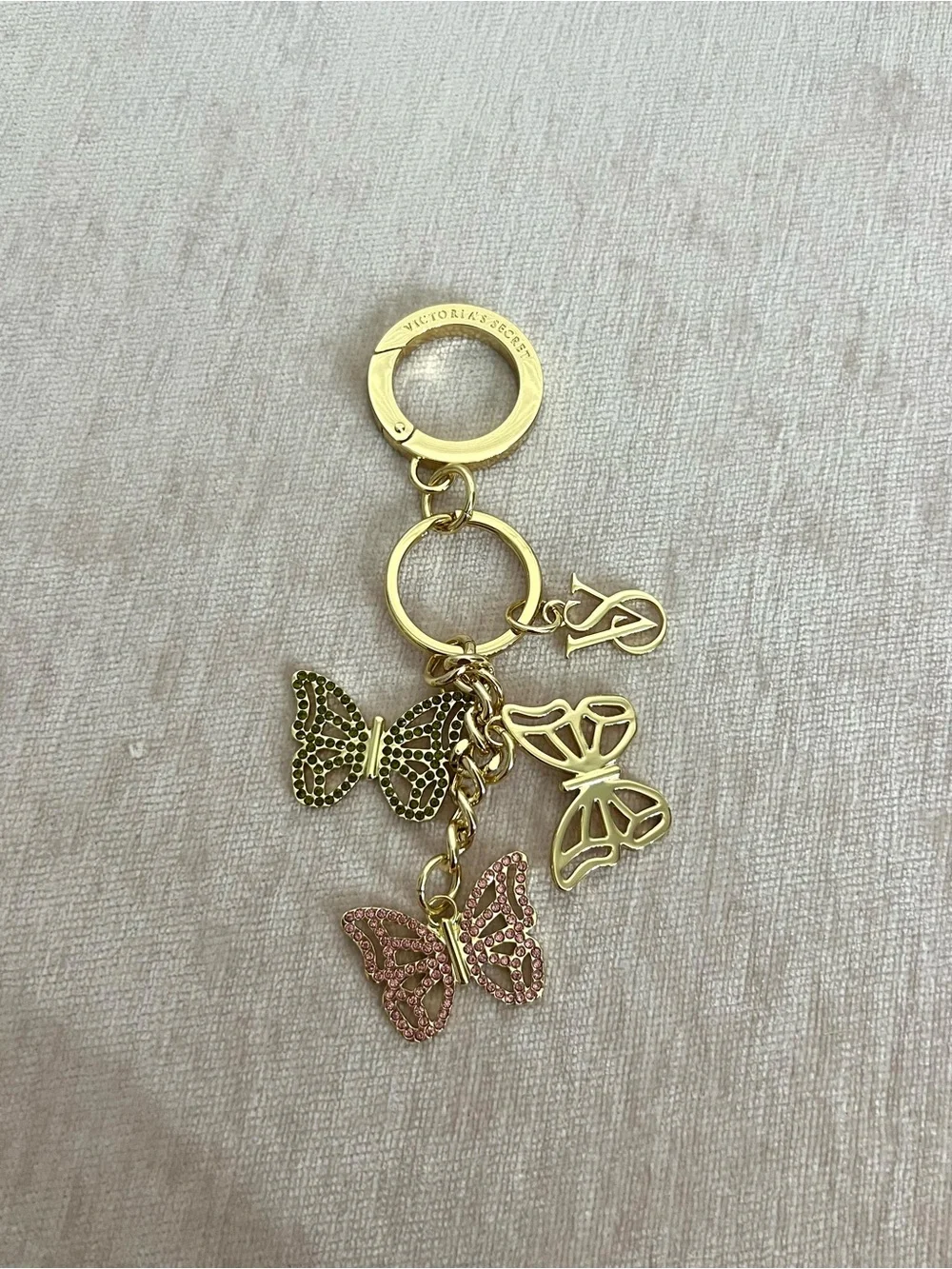 Victoria’s Secret Gold Butterfly Charm Keychain with Pink & Green Accents